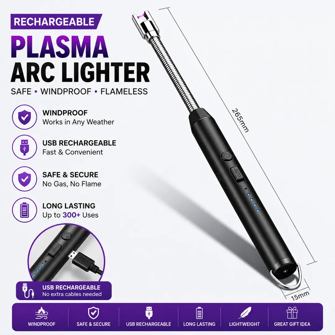 Rechargeable Plasma Arc Lighter – USB Windproof Flameless Electric Lighter for Candles, BBQ & Kitchen Use