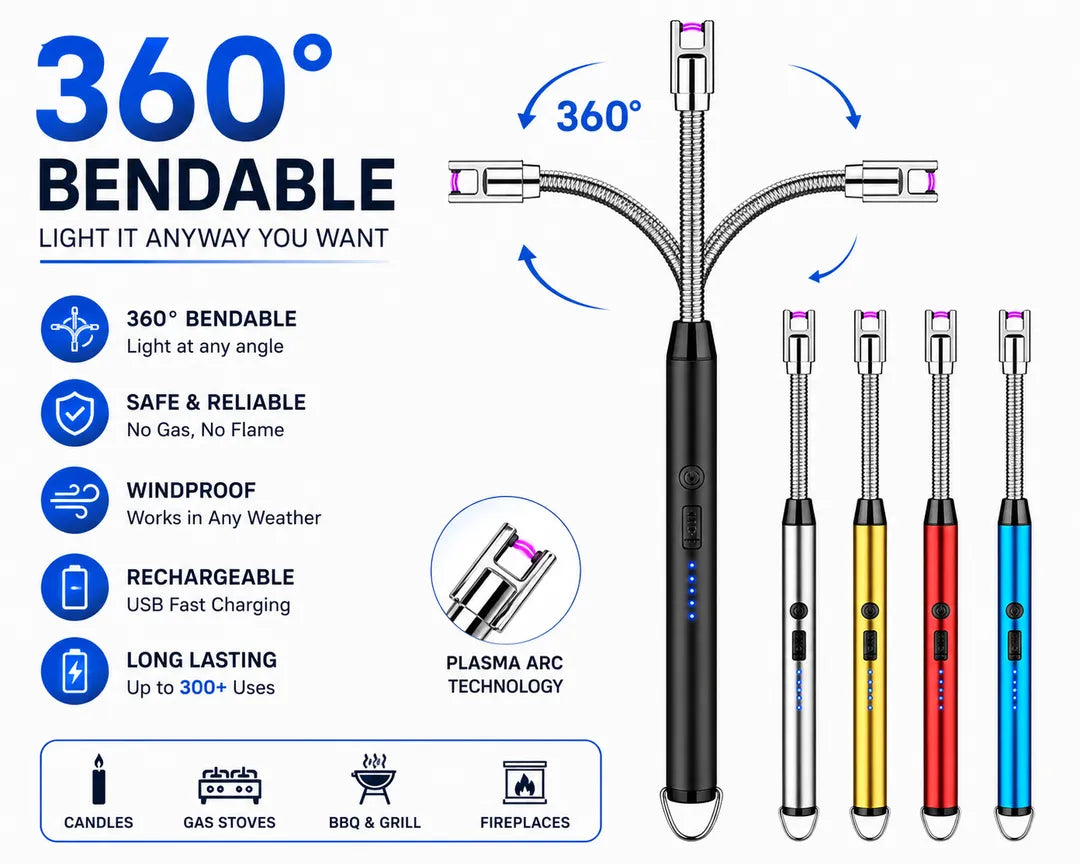 Rechargeable Plasma Arc Lighter – USB Windproof Flameless Electric Lighter for Candles, BBQ & Kitchen Use